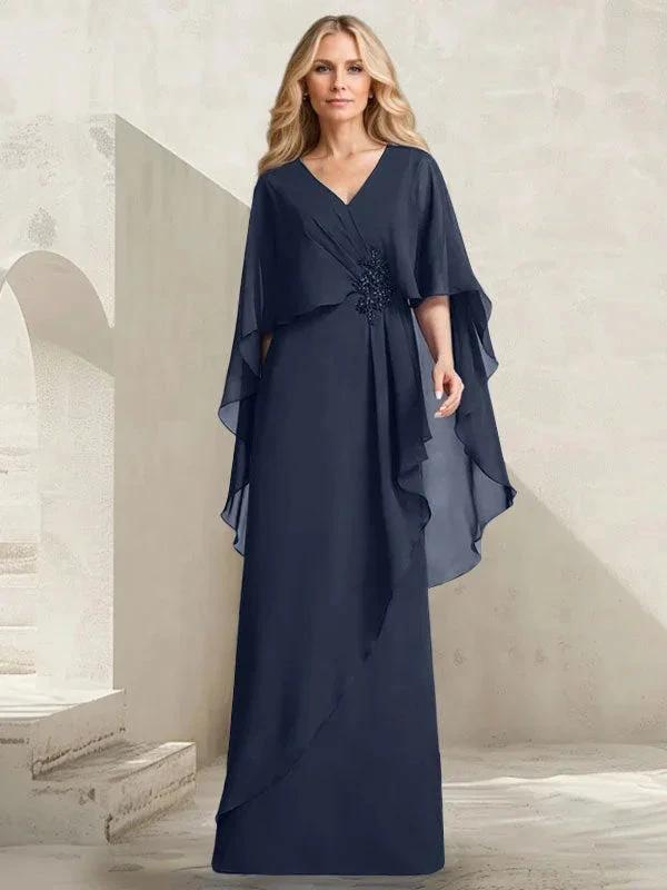 A-line V-Neck Floor-Length Chiffon Mother of the Bride Dress With Cascading Ruffles Beading by Dreamylily