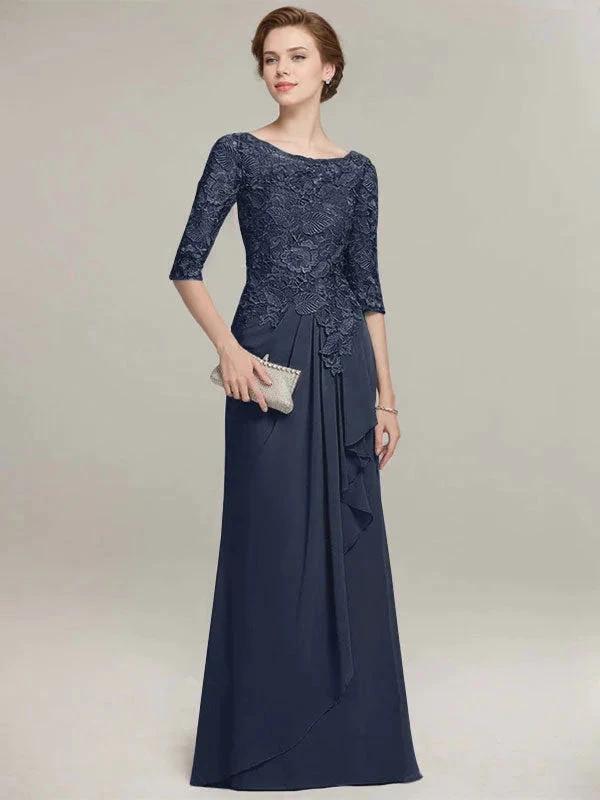 A-line Scoop Illusion Floor-Length Lace Chiffon Mother of the Bride Dress With Cascading Ruffles by Dreamylily