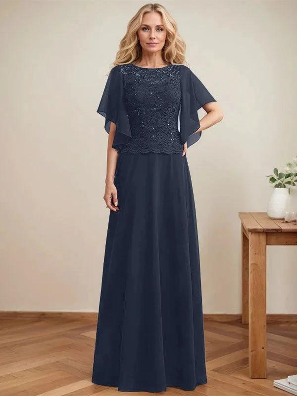 A-line Scoop Illusion Floor-Length Lace Chiffon Mother of the Bride Dress With Sequins by Dreamylily