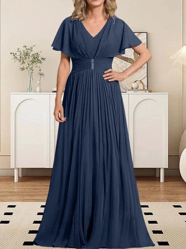 A-line V-Neck Floor-Length Chiffon Mother of the Bride Dress With Crystal Brooch Pleated by Dreamylily