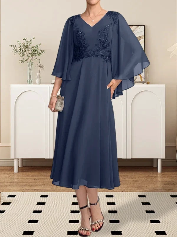 A-line V-Neck Tea-Length Chiffon Lace Mother of the Bride Dress With Beading Sequins by Dreamylily