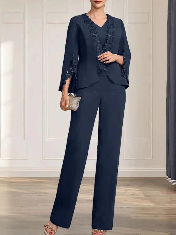 Separates Jumpsuit/Pantsuit V-Neck Floor-Length Chiffon Mother of the Bride Dress by Dreamylily