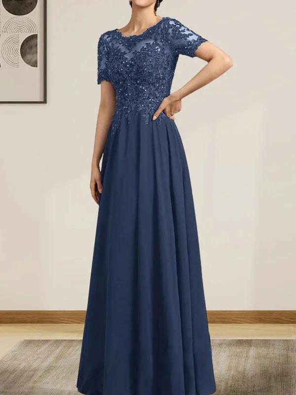 A-line Scoop Illusion Floor-Length Chiffon Lace Mother of the Bride Dress With Sequins Beading by Dreamylily