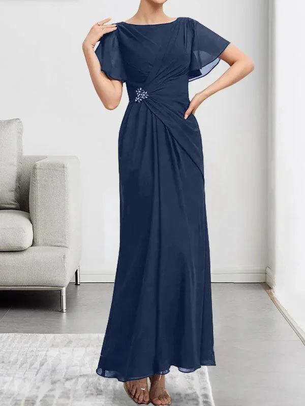 A-line Scoop Ankle-Length Chiffon Mother of the Bride Dress With Beading Pleated by Dreamylily