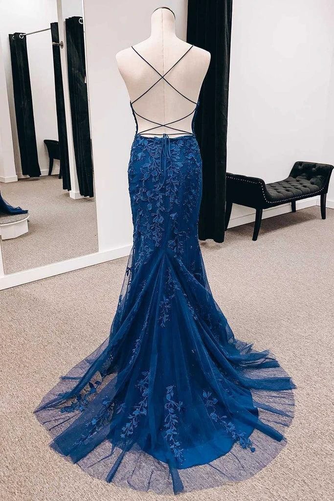 Navy Appliques Lace-Up Back Mermaid Long Prom Dress with Slit PSK391 by pgmdress