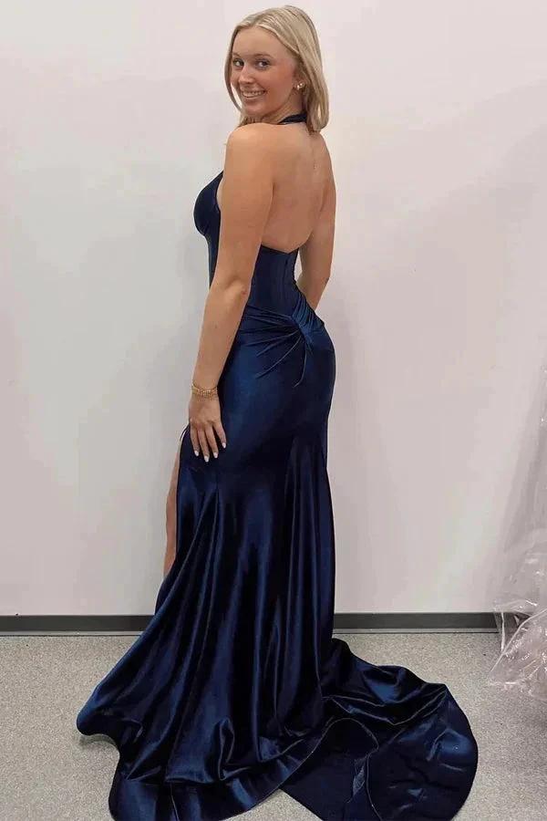 Navy Blue Halter Mermaid Long Prom Dress with Slit PSK525 by pgmdress