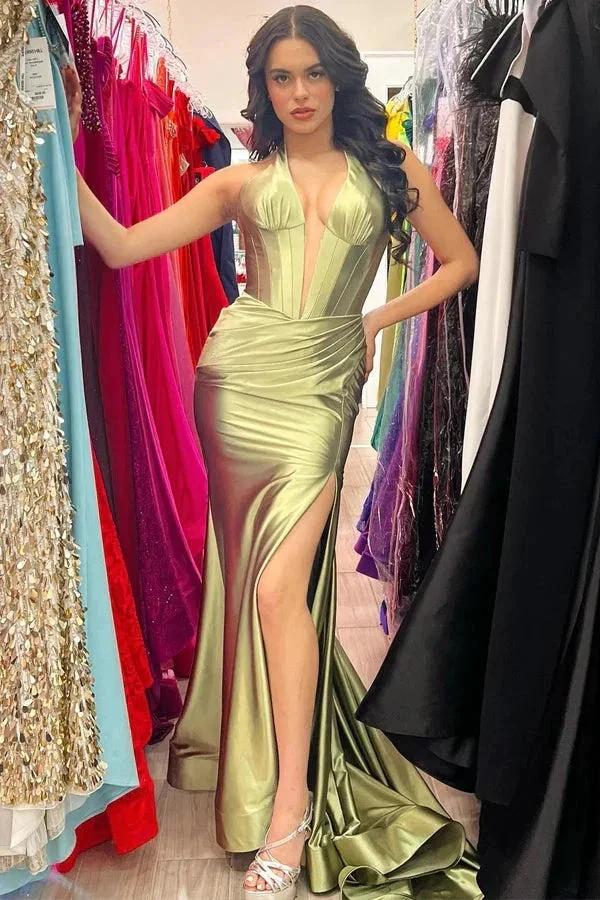 Navy Blue Halter Mermaid Long Prom Dress with Slit PSK525 by pgmdress