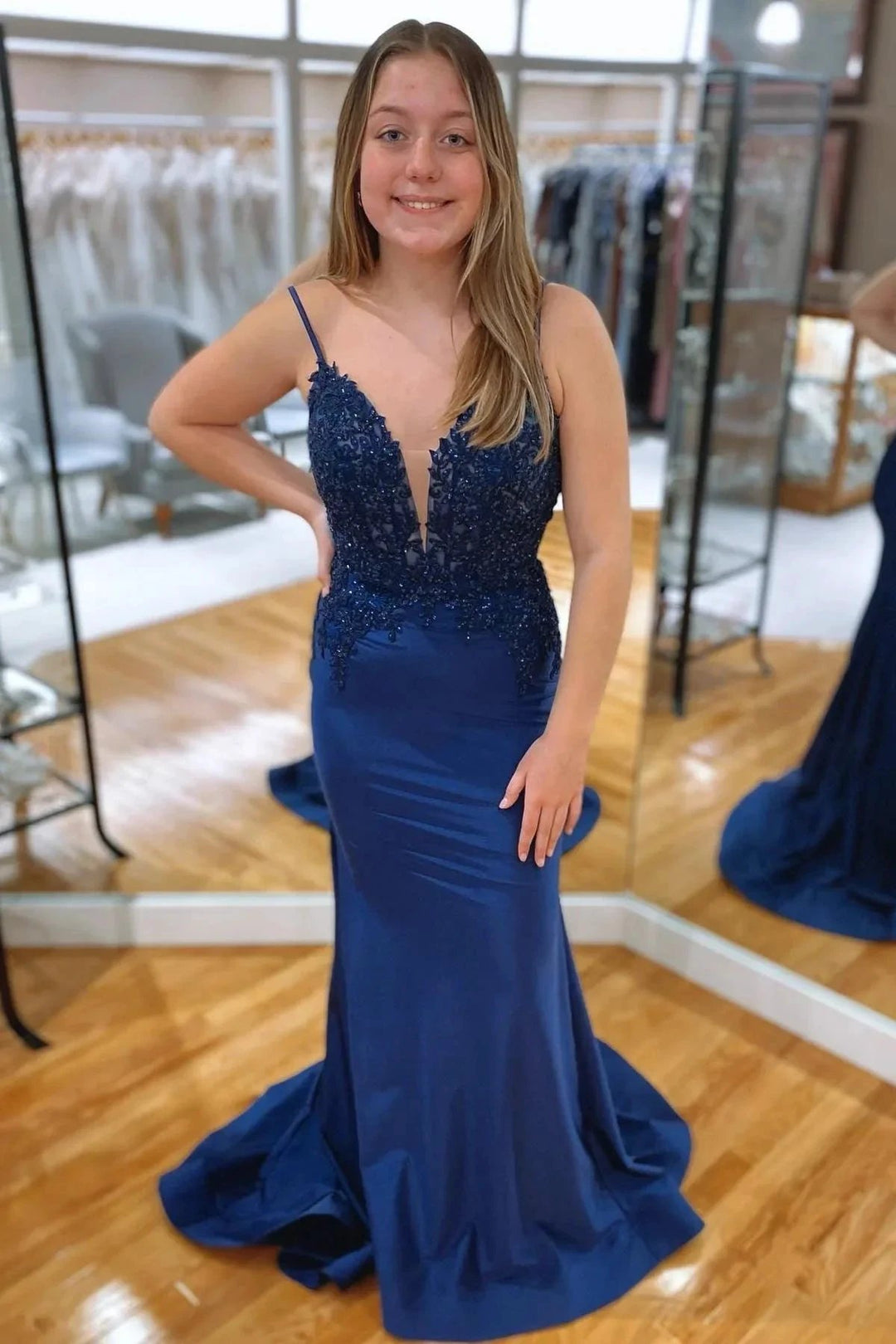 Navy Blue Mermaid V Neckline Rhinestone Long Prom Dress PSK402 by pgmdress