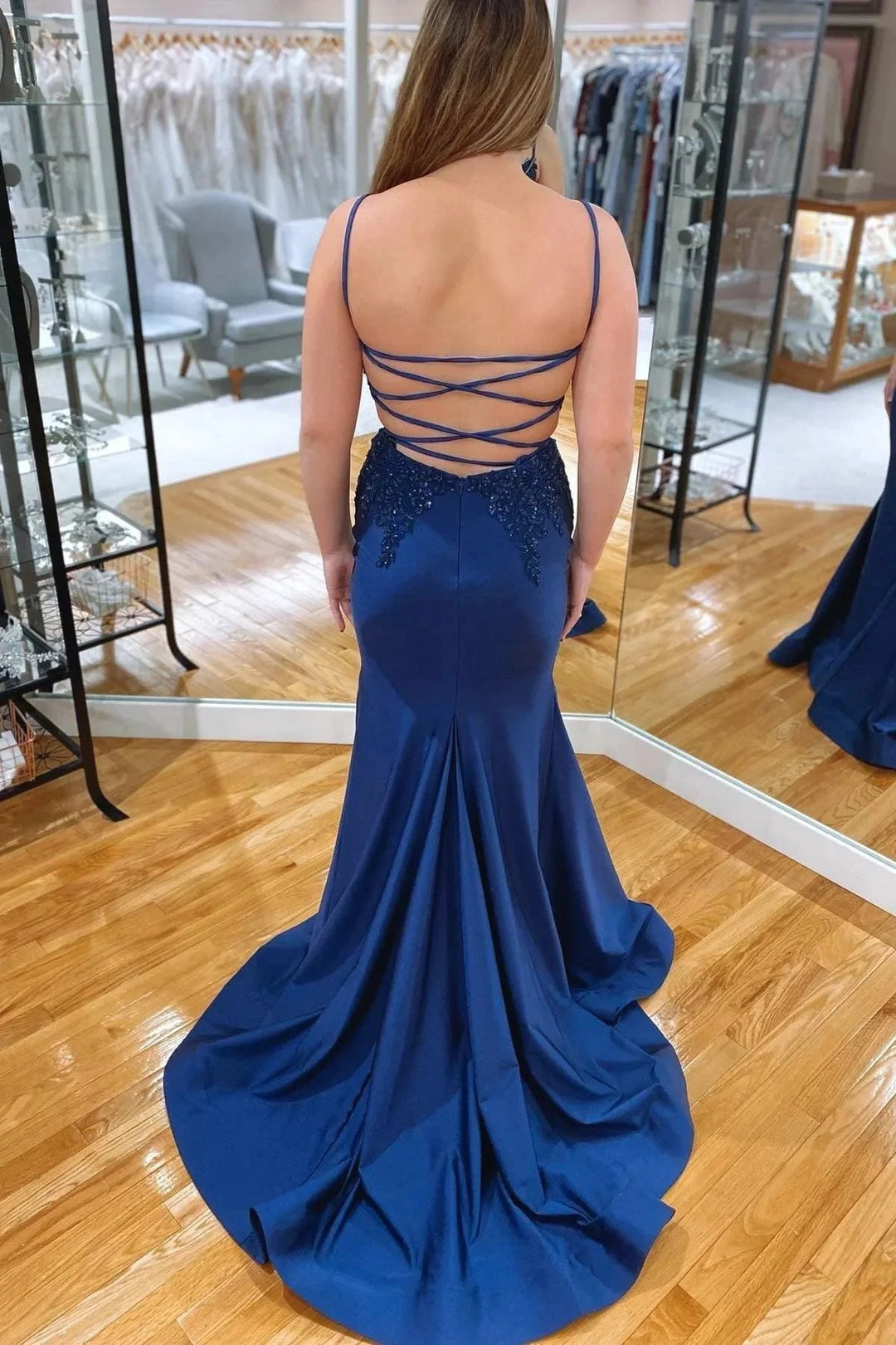 Navy Blue Mermaid V Neckline Rhinestone Long Prom Dress PSK402 by pgmdress
