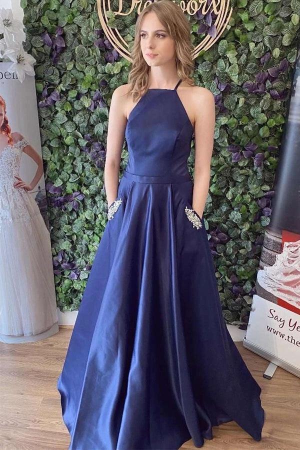 Navy Blue Satin Lace Up Back A-Line Prom Dress With Pockets PSK377 by pgmdress