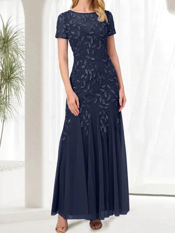 Blue Mermaid Round Neck Long Mother of the Bride Dress With Beadings by Dreamylily