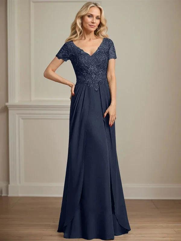 A-line V-Neck Floor-Length Chiffon Lace Mother of the Bride Dress by Dreamylily