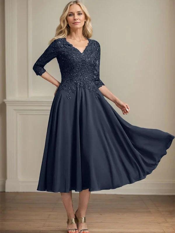 A-line V-Neck Tea-Length Chiffon Lace Mother of the Bride Dress With Beading Sequins by Dreamylily