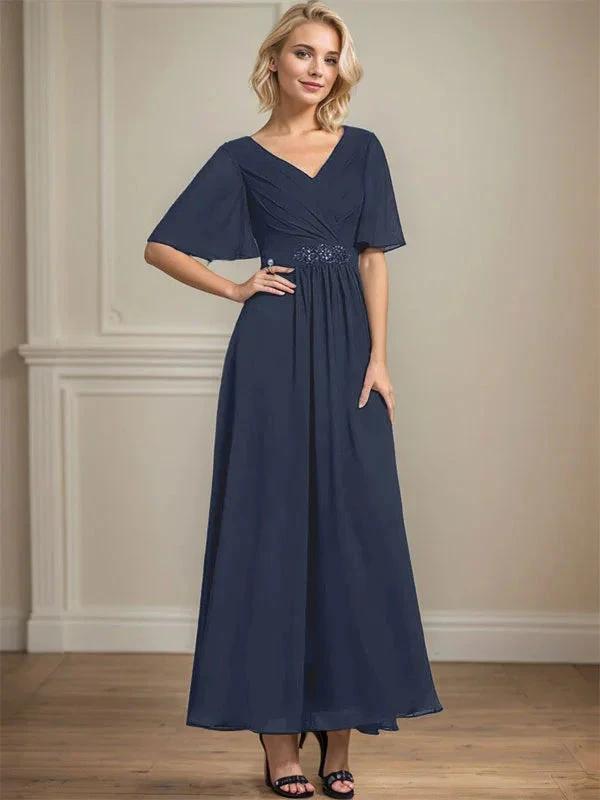 A-line V-Neck Ankle-Length Chiffon Mother of the Bride Dress With Pleated Beading Sequins by Dreamylily