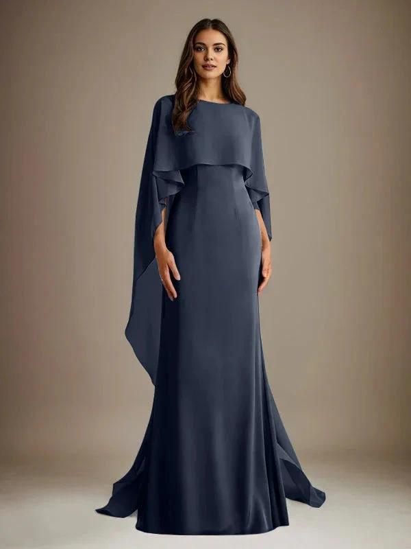 Sheath/Column Boatneck Floor-Length Chiffon Mother of the Bride Dress With Cascading Ruffles by Dreamylily