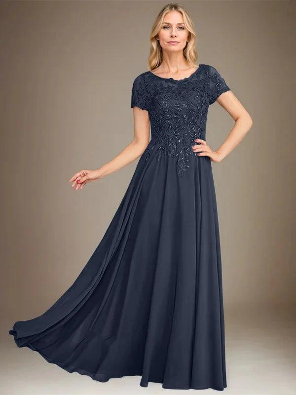 A-Line Scoop Floor-Length Chiffon Mother of the Bride Dress With Applique &amp; Sequins by Dreamylily