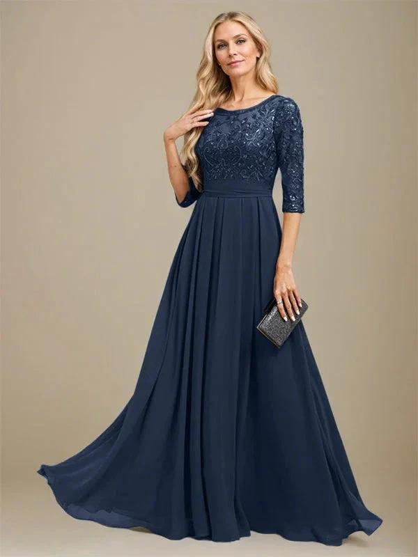 A-Line Scoop Floor-Length Lace Chiffon Mother Of the Bride Dress With Sequins Applique by Dreamylily