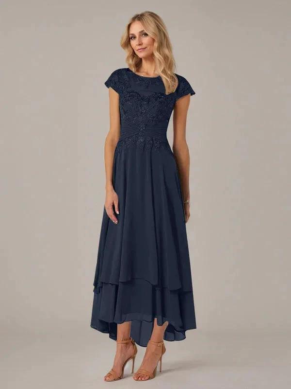 A-line Boat Neck Illusion Asymmetrical Chiffon Lace Mother of the Bride Dress With Applique Pleats by Dreamylily