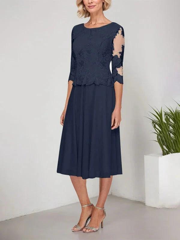 A-line Scoop Tea-Length Lace Chiffon Mother of the Bride Dress With Embroidery by Dreamylily