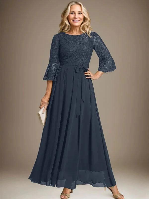 A-Linie U-Ausschnitt Knöchellang Spitzen Chiffon Kleid für die Brautmutter mit Schleife