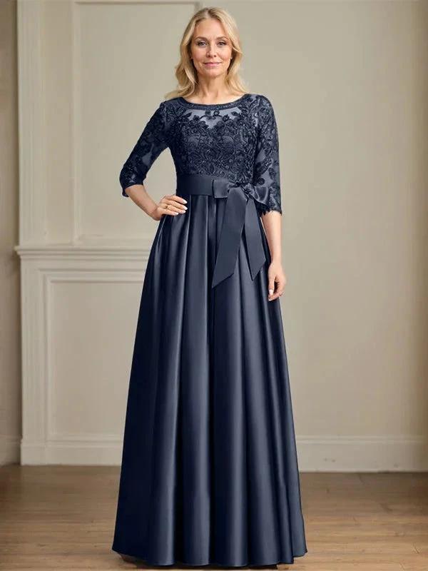 A-line Scoop Illusion Floor-Length Satin Lace Mother of the Bride Dress With Sequins Bow by Dreamylily