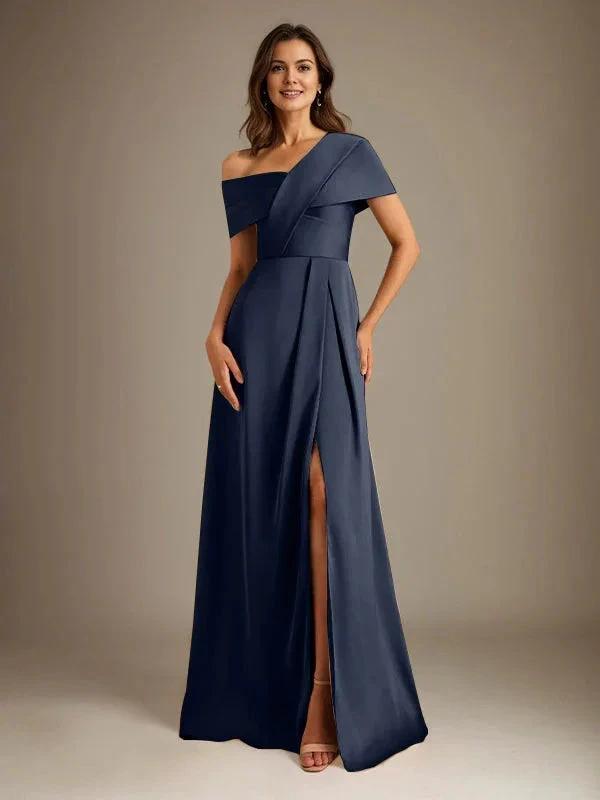 A-Line Asymmetrical Neckline Floor-Length Satin Mother of the Bride Dress With Pleated by Dreamylily