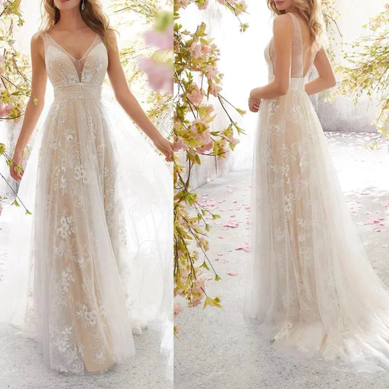 New European and American Foreign Wedding Dress Sexy Fashion V-neck Sleeveless Lace Wedding Dress by payinti