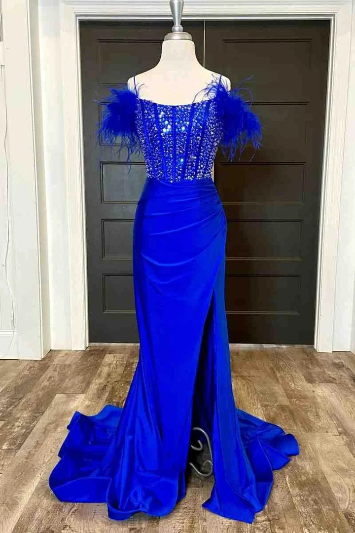 New Mermaid Satin Off The Shoulder Beaded Side Slit Long Prom Dresses With Feather by KissProm