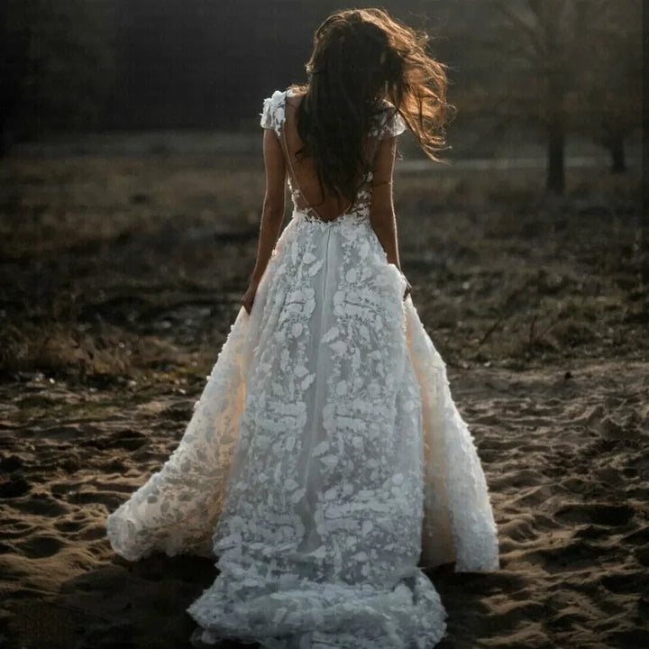New Romantic Boho Country Wedding Dresses With 3D Flowers Sexy V-Neck Illusion Arabic Bridal Wedding Gowns by payinti