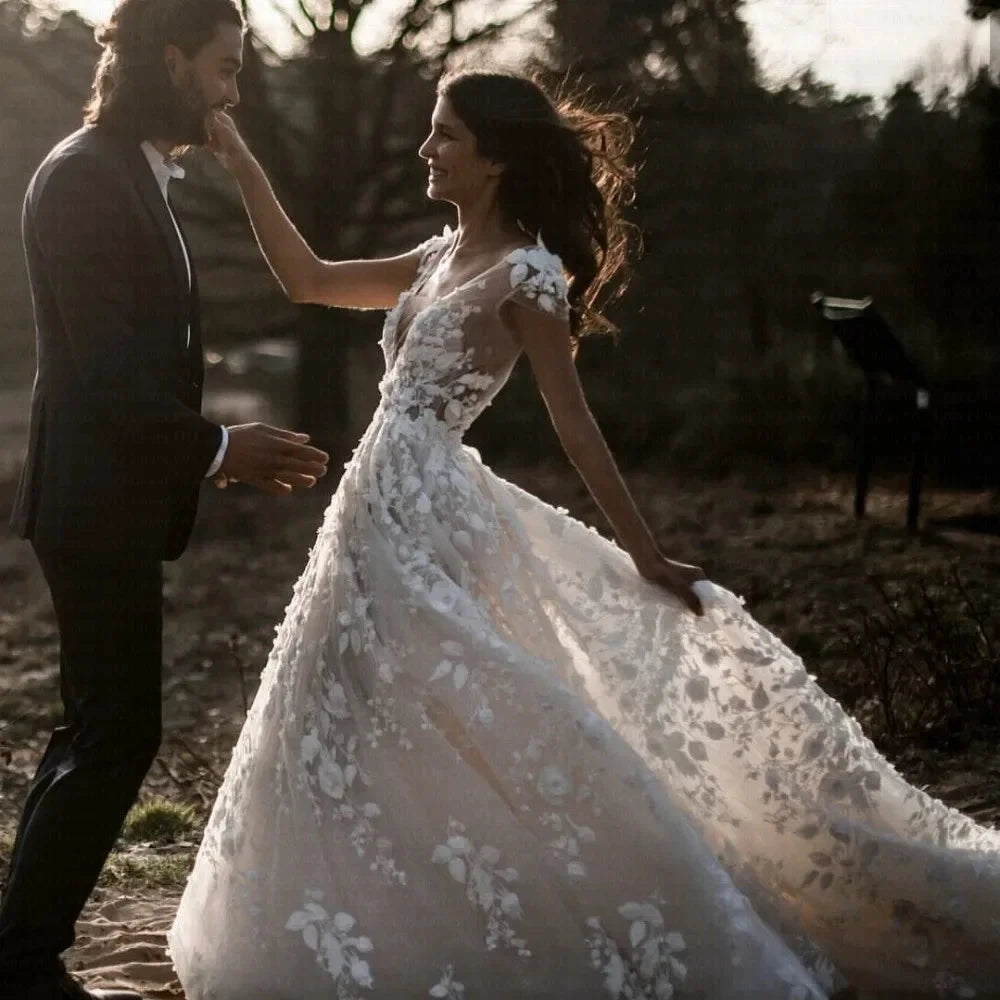 New Romantic Boho Country Wedding Dresses With 3D Flowers Sexy V-Neck Illusion Arabic Bridal Wedding Gowns by payinti