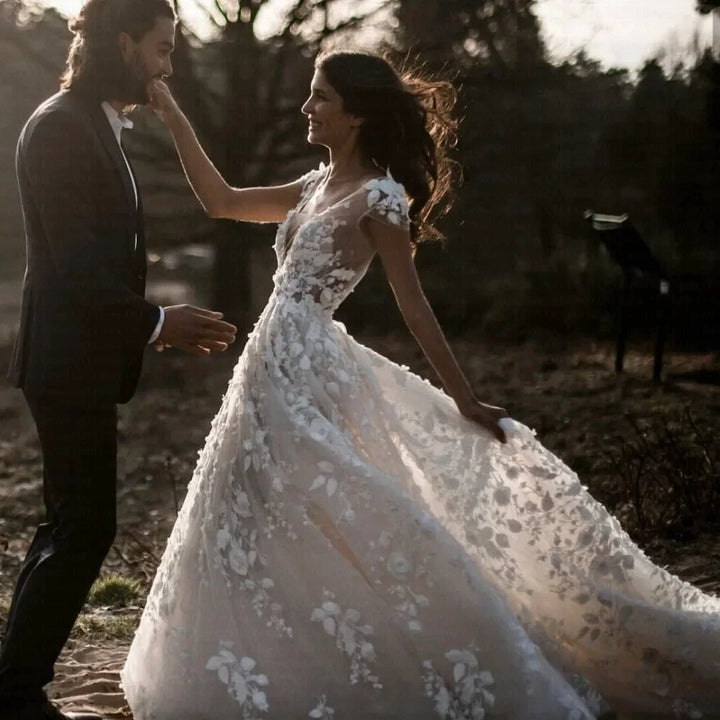 New Romantic Boho Country Wedding Dresses With 3D Flowers Sexy V-Neck Illusion Arabic Bridal Wedding Gowns by payinti