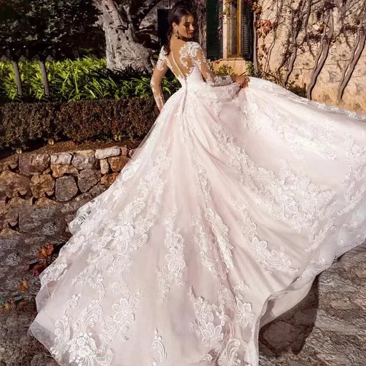 Newest Ball Gown Wedding Dress Elegant Long Sleeve Robe De Mariee Illusion Back Trouwjurk O-Neck Gorgeous vestidos de novia by payinti