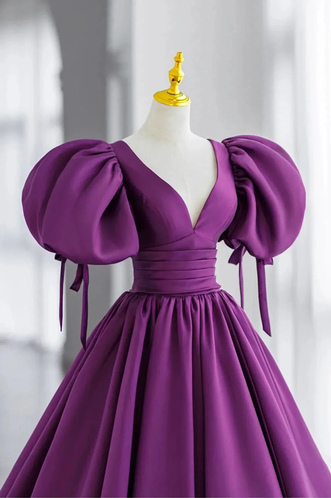 Purple Puff Sleeves Satin Long Prom Dress V-Neck Evening Dress Y856 by simplepromdress