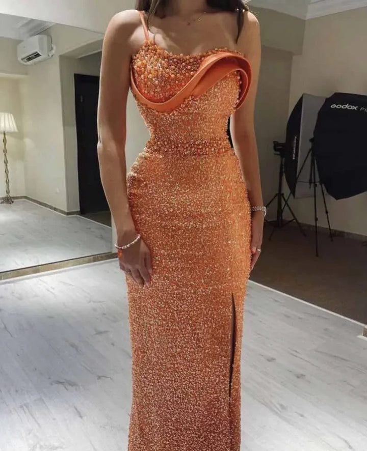 Orange Evening Dress Spaghetti Strap Pearls Beaded Sequin Lace Straight Dresses Y6648 by simplepromdress