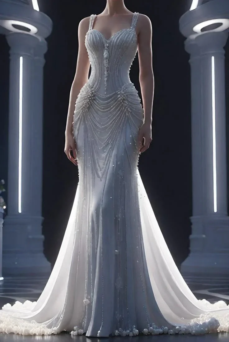 Pretty White Chiffon Beaded Pearls Mermaid Evening Dress Wedding Dress,Long Prom Dress Y8318 by simplepromdress