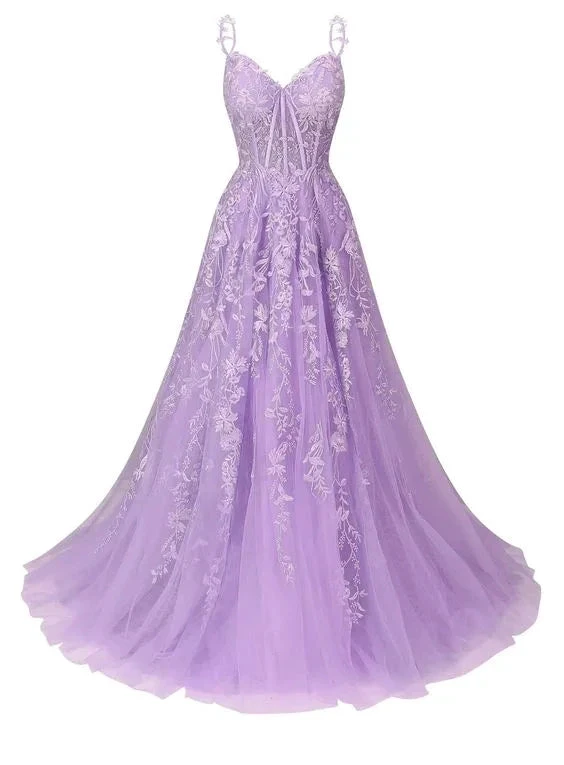 Tulle Lace Applique Prom Dresses Long for Women 2025 Spaghetti Straps A-Line Evening Cocktail Party Dresses Y6762 by simplepromdress