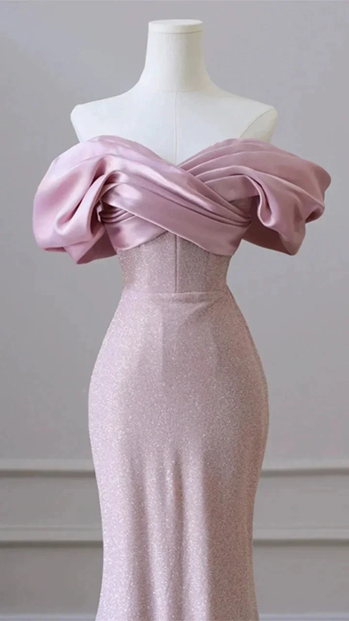 Flesh Pink Sequin Evening Gown Elegant Women&