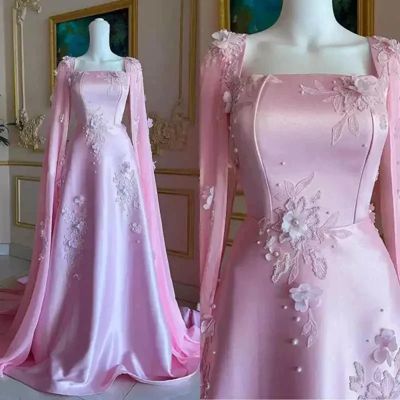 Luxury Pink Satin Long A Line Evening Dress Pretty Appliques Prom Dress Y7591 by simplepromdress