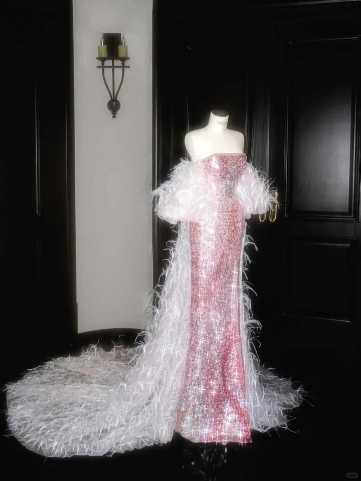 Fairy Pink Strapless Sequins Feathers Mermaid Evening Dress Slit Prom Dress Y8660 by simplepromdress