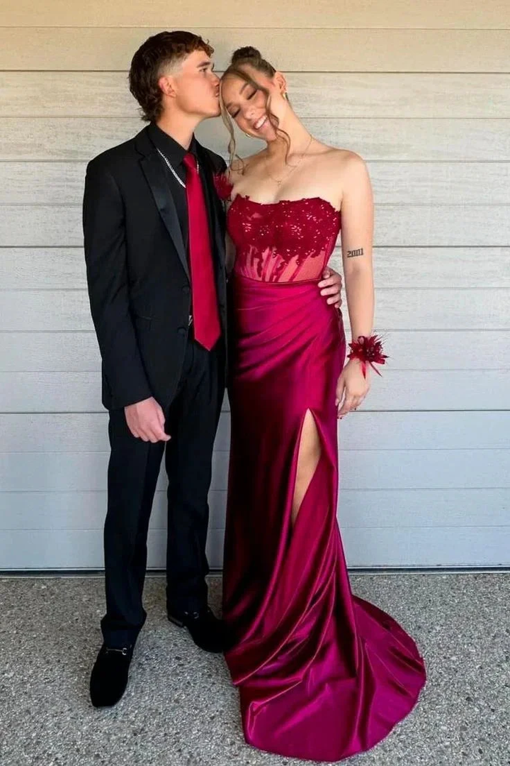 Charming Strapless Burgundy Lace Appliques Long Prom Dress Slit Mermaid Evening Gown Y7883 by simplepromdress