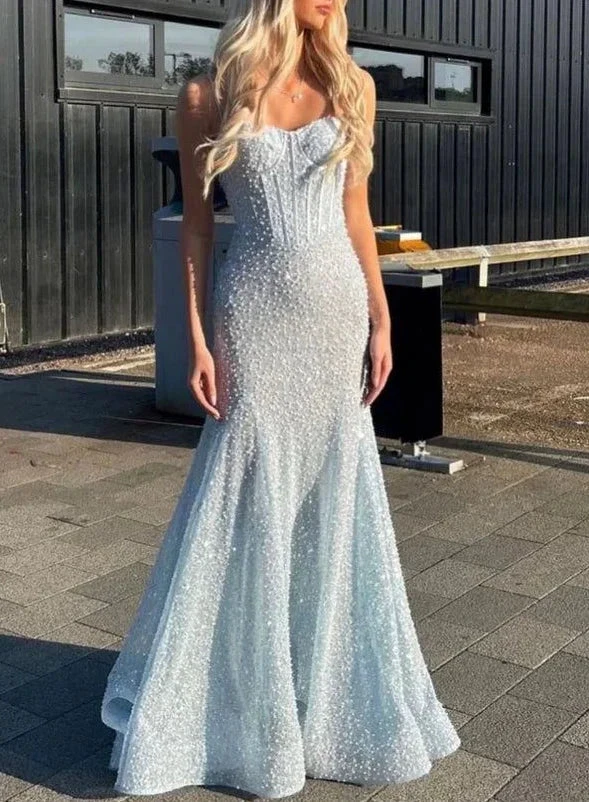 Gorgeous Sequins Beaded Mermaid Evening Dress Blue Straps Prom Dress Y8444 by simplepromdress