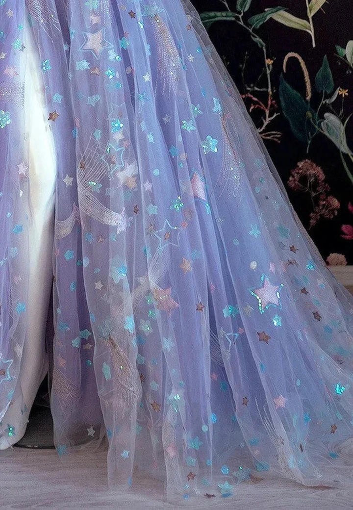 Beautiful Light Purple Tulle Dress Floral Dress Off Shoulder Sweetheart Dress A-line Evening Dresses With Slit Start Applique Long Dress Y932 by simplepromdress