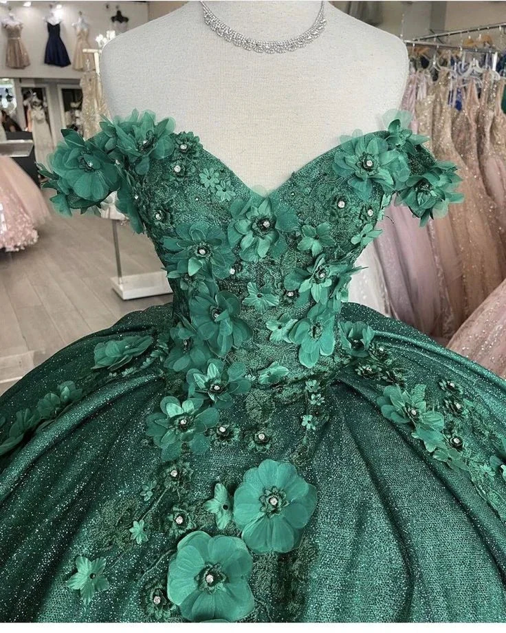 Off The Shoulder Green Ball Gown With Flowers Sweet 16 Dress Y4436 by simplepromdress