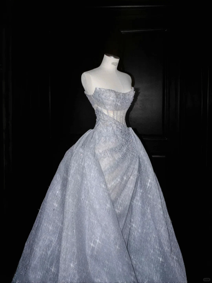Glitter Strapless Blue Tulle Sequins A Line Prom Dress Evening Dress,Formal Wedding Dress Y8676 by simplepromdress