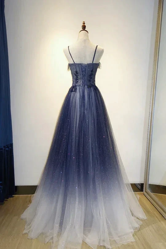 Elegant Gradient Tulle Straps Long Evening Dress, A-Line Tulle Prom Dresses Y1807 by simplepromdress