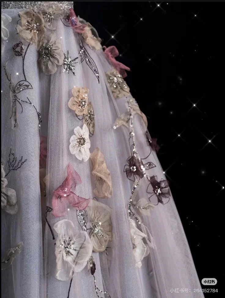 Charming V Neckline Gray Tulle Floral Ball Gown Long Evening Gown Prom Dress Y7953 by simplepromdress
