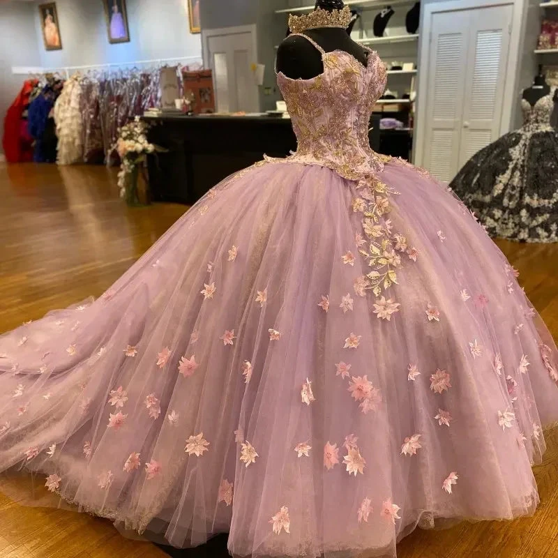 Pretty Spaghetti Straps 3D Flowers Adorned Court Train Quinceanera Ball Gown Lace Inside Y1247 by simplepromdress