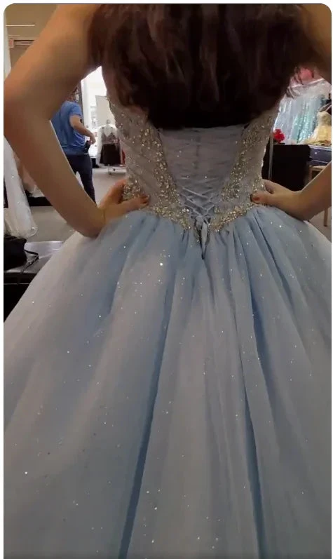 Glitter Light Blue Corset Top Beaded Ball Gown, Light Blue Sweet Girl Dresses Beaded Ball Gown Y774 by simplepromdress