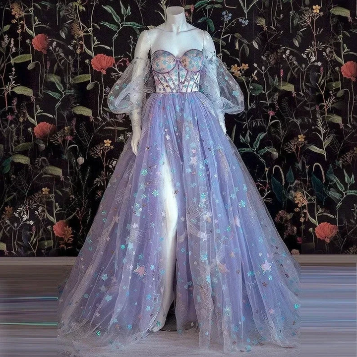 Beautiful Light Purple Tulle Dress Floral Dress Off Shoulder Sweetheart Dress A-line Evening Dresses With Slit Start Applique Long Dress Y932 by simplepromdress