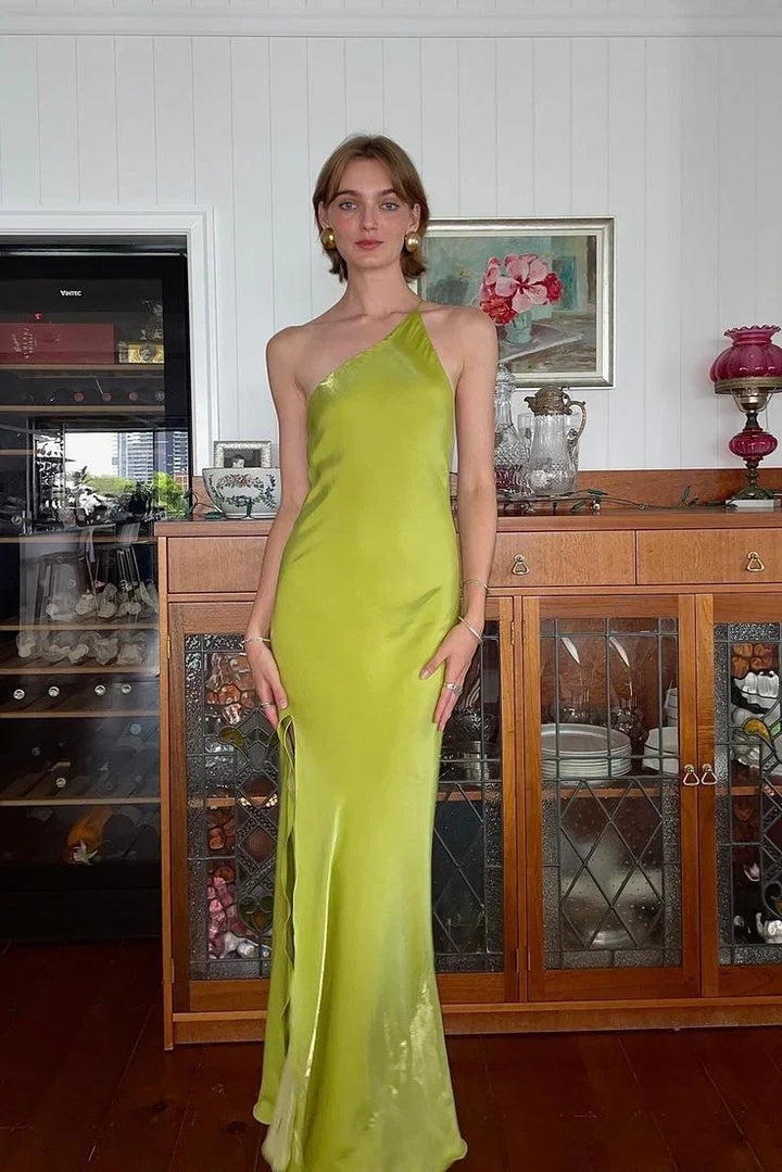 Elegant Green Sheath One Shoulder Long Party Prom Dress With Slit Backless Evening Dress Y8550 by simplepromdress
